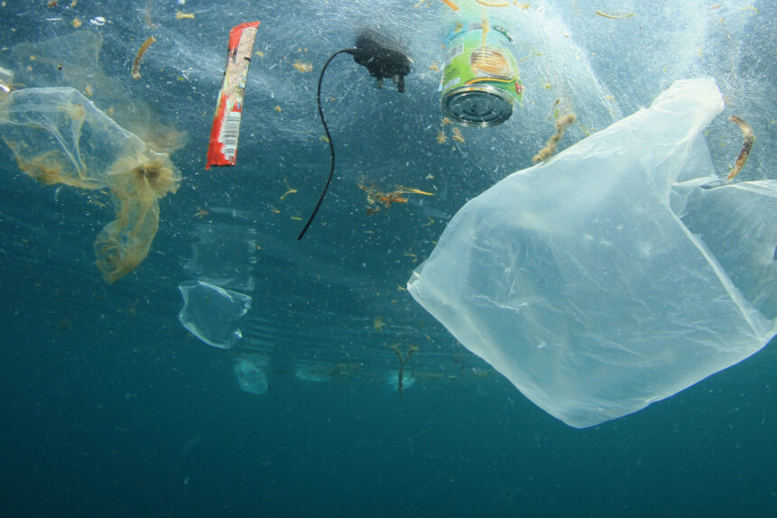 Plastic carrier bags and other garbage pollution in ocean